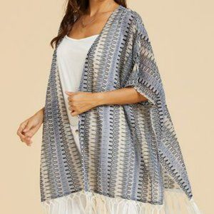 Suzanne Betro Denim Blue Geometric Stripe Fringe-Trim Kimono - Size 3X